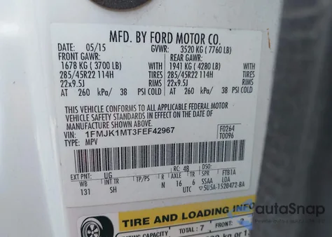 2015 Ford Expedition El Platinum из США, поврежденный, VIN 1FMJK1MT3FEF42967